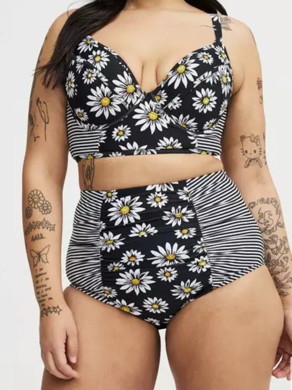 Daisy Print High-Waist Bikini Bottom - Black